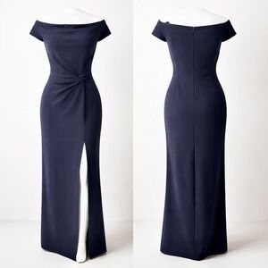 Lauren Ralph Lauren Off-the-Shoulder Side-Slit Column Gown Sz 10 Dark Navy